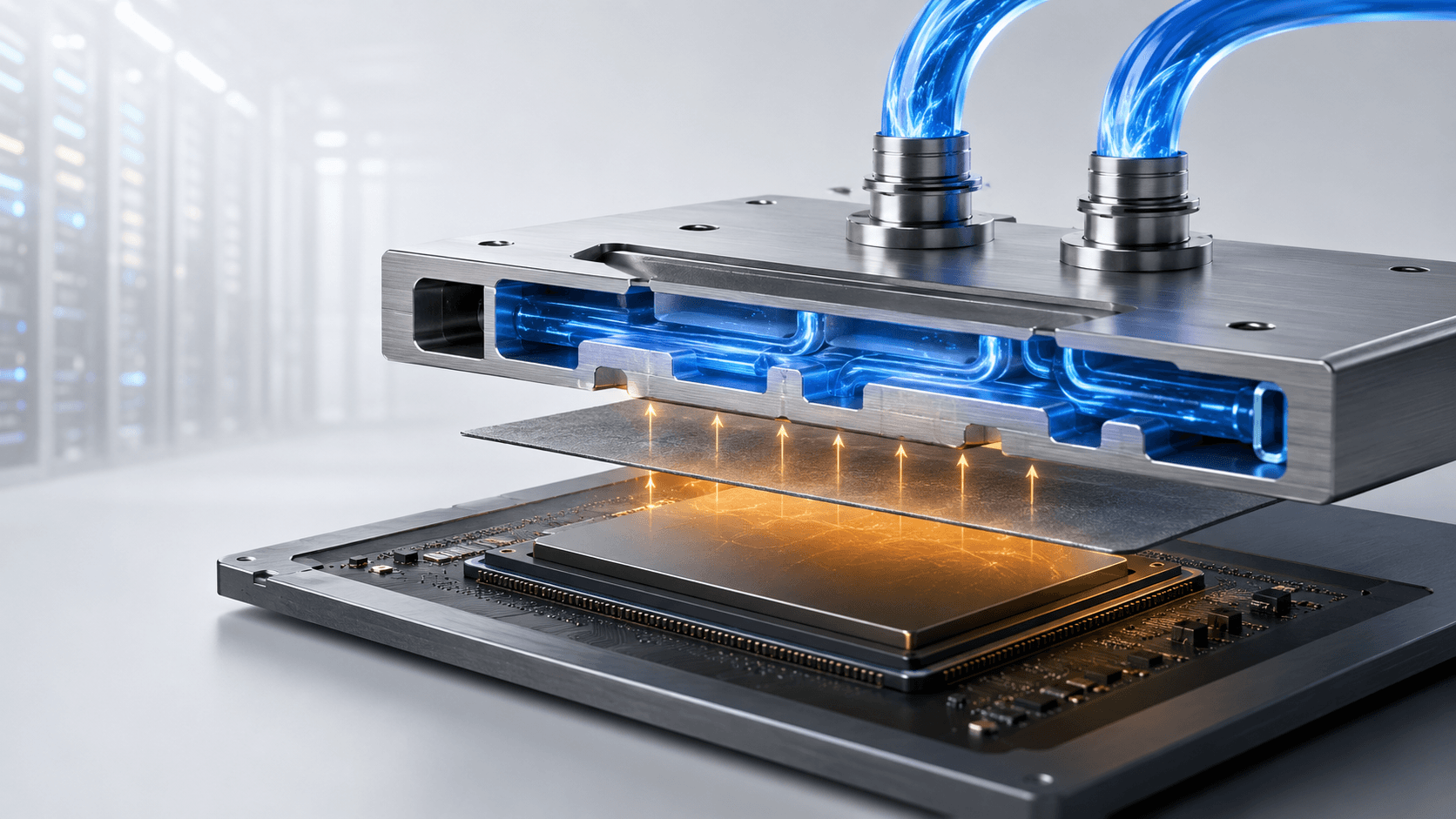 Cutaway illustration of heat moving from an AI processor through a thin thermal interface material into a liquid cold plate.